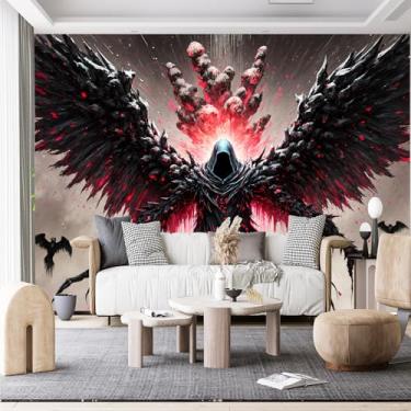 Imagem de Murais de parede de tamanho personalizado, figura sinistra com capuz e asas de morcego fundo rochoso tecido de parede autoadesivo (sem PVC) papel de parede grande removível para sala de estar, quarto