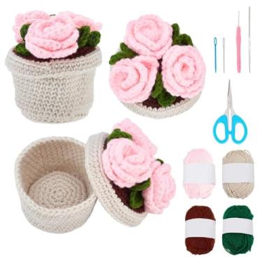 Imagem de FREEBLOSS Kit de crochê para iniciantes e adultos com tutoriais em vídeo passo a passo, kit de cesta de vaso de flores de crochê para projetos de artesanato faça você mesmo, presente surpresa