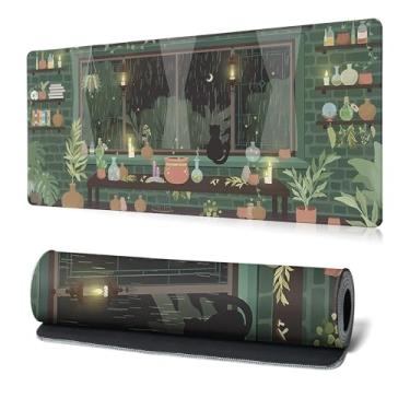 Imagem de Tapete de rato de folhas verdes escuras tapete de rato abstrato gato 81,5 x 11,8 polegadas textura de flor estética base de borracha antiderrapante grande tapete de rato com bordas costuradas teclado