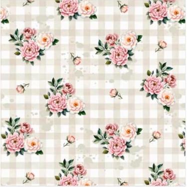 Imagem de Tecido Tricoline Digital Flower love xadrez com rosas e bege 50 x 150 cm