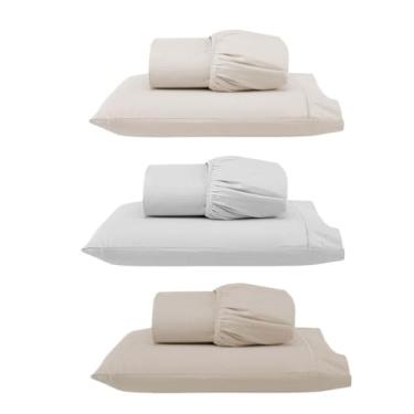 Imagem de Kit 3 Jogos de Lençol Solteiro com Elástico e Fronha Bordada em Ponto Palito, 6 Peças em Micropercal 300 Fios 100% Poliéster (Solteiro Versat(Palha/Branco/Cáqui))