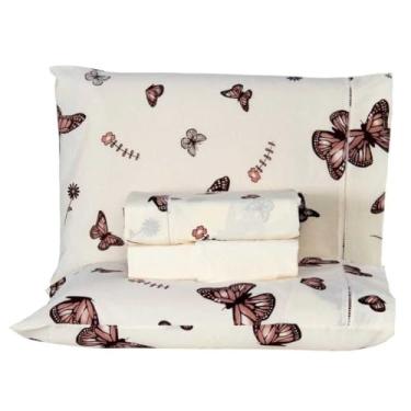 Imagem de Jogo de Lençol 4 peças CASAL 200 fios Agodão - Lindas Estampas(Borboleta Avelã/Creme,Casal)