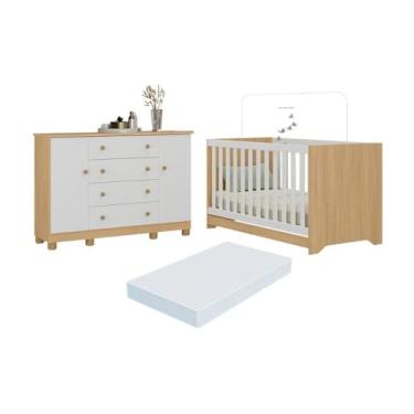 Imagem de Berço Americano 3 em 1 com Colchão Incluso e Cômoda 2 Portas 4 Gavetas Allegra Multimóveis Mp4704 Madeirado/branco