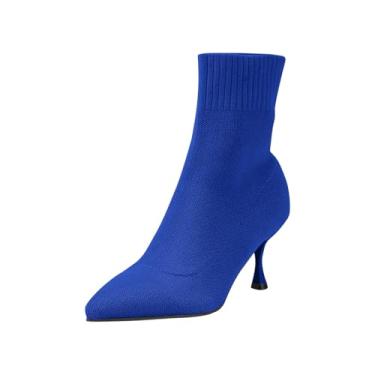 Imagem de Botas femininas de malha com bico fino e salto bloco para uso diário casual botas confortáveis, Azul royal, 36