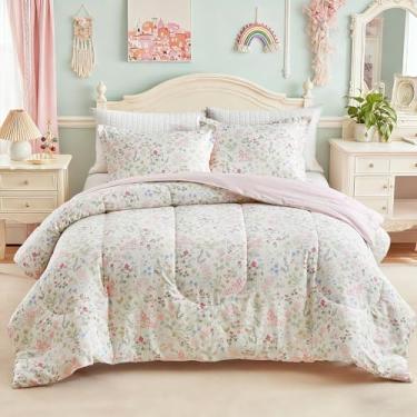 Imagem de Joyreap Conjunto de edredom de algodão floral de 3 peças para meninas, design rosa com flores e folhas, tamanho Queen, macio, aconchegante, leve, conjunto de cama de algodão para todas as estações