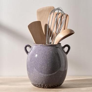 Imagem de JIEMEI HOME Suporte de utensílios de cozinha com alça, pote de cerâmica de 17 cm para bancada, organizador de ferramentas de cozinha com fundo de cortiça, suporte de espátula para decoração de cozinha