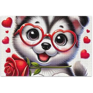 Imagem de Husky Dog Valentine Filhote de cachorro quebra-cabeça adulto 500 peças pintura animal presentes para homens presentes exclusivos para amantes de quebra-cabeça, 51 x 35 centímetros