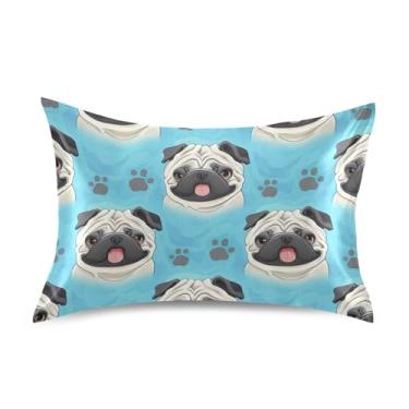 Imagem de Fronha King Queen Padrão Bonito Cachorro Pug Azul Desenhos Animados Cetim Fronhas Impressão Arte Refrescante Conforto Macio Travesseiro Cama King Size 101,6 cm x 50,8 cm