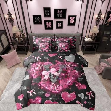 Imagem de Erosebridal Jogo de cama solteiro com estampa de leopardo, estampa de leopardo, coração, coração, glitter, laço com glitter, 7 peças, preto e rosa