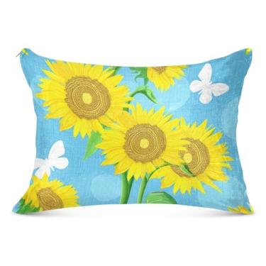 Imagem de Fronha decorativa de girassóis amarelos borboletas azuis com zíper estética padrão queen king size fronhas almofada antiderrapante confortável roupa de cama macia, tamanho padrão, 51 cm x 66 cm