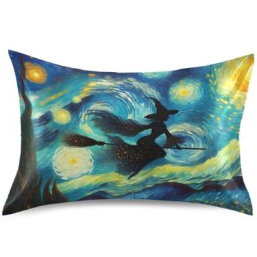 Imagem de Capa de almofada de cetim fantástica noite estrelada de bruxa, capas de travesseiro coloridas padrão queen king size decoração de cama, tamanho padrão, 66 cm x 50 cm
