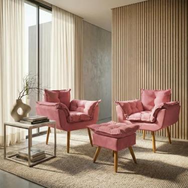 Imagem de Kit 2 Poltronas Decorativa e Puff Para Sala Recepção Manicure Consultório Quarto Closet Alice Tecido Suede (Rosê)