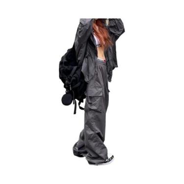 Imagem de Calças Cargo Oversize Pretas Femininas Y2K Com Pernas Largas E Bolsos 