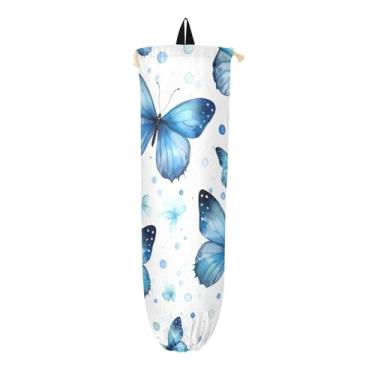 Imagem de GAIGEO Borboletas azuis na parede branca para sacolas de supermercado, suportes de plástico para sacolas de supermercado, protetor de sacolas de plástico