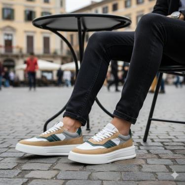 Imagem de Tênis Casual em Couro Legítimo Masculino Confortável Sola Alta-Masculino