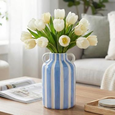 Imagem de Vaso de cerâmica listrado com alças (azul e branco)