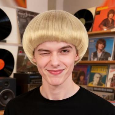 Imagem de Touca de cabelo + peruca de corte bob loiro com franja perucas engraçadas para homens peruca masculina reta curta peruca de cogumelo perucas cosplay festa de Halloween