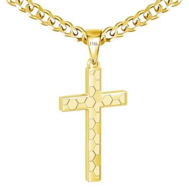 Imagem de Avotto Colar de aço inoxidável 316L com cruz de beisebol/futebol/futebol para homens, meninos, prata, ouro, preto, masculino, 5 mm, corrente cubana resistente que não desbota com pingente de cruz 45