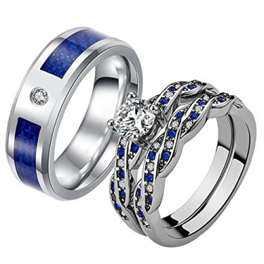 Imagem de ringheart 2 anéis de casal para ele e ela banhados a ouro branco corte princesa CZ conjuntos de alianças de casamento femininas azul aço titânio masculino alianças de casamento, women size8 & men