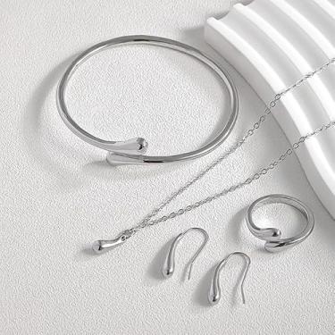 Imagem de Conjunto de joias femininas em forma de gota de 4 peças, brincos de anel de pulseira de colar da moda, acessórios versáteis minimalistas, uso diário moderno, Medium, Metal, Sem Pedra Preciosa
