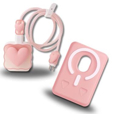 Imagem de Kit 4 peças - Protetor de Carregador e Cabo - Rosa 18W/20W Formato Coração + Suporte Porta-Cartão em Acrílico MagSafe – Antidanos, Durável e Decorativo