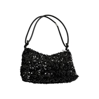 Imagem de Milumia Bolsa feminina de ombro com lantejoulas brilhantes e alça superior, Preto, One Size