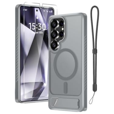 Imagem de RMOCR Capa para Samsung Galaxy S26 Ultra com protetor de tela + alça de pulso, capa magnética translúcida fosca robusta fina embutida com suporte invisível [apto para MagSafe], cinza 2026