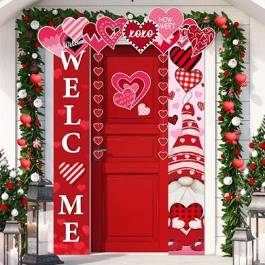 Imagem de Conjunto de 17 peças de decoração de bandeira de porta do dia dos namorados com corações guirlanda de amor recortes de coração vermelho búfalo xadrez gnomo sinal de boas-vindas para casa escola parede