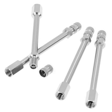 Imagem de QWORK Hastes de extensão de válvula de pneu de 10 cm com cobre cromado, 4 tampas de vedação de borracha cromada à prova de vazamento de 10 cm para carro, caminhão, trailer, trailer, trailer, campista