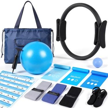 Imagem de GINMIC Equipamento de Pilates, conjunto de exercícios de pilates em casa para mulheres, kit essencial de Pilates Conjunto de anel e bola de Pilates com faixas de resistência, guia e bolsa