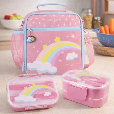 Imagem de Kit Bolsa Térmica Infantil com Lancheira Dupla C/Talher Para Escolar Brincadeira Piquinique Diversão e Conserva Alimentos (Rosa Arco-iris)