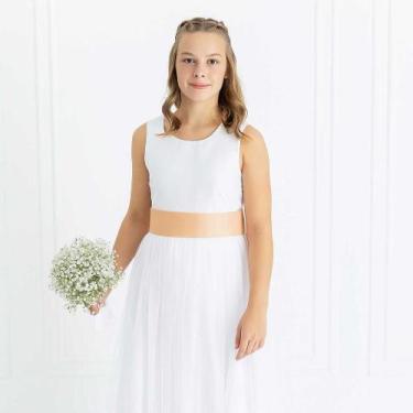 Imagem de Vestido Infantil Longo Branco Faixa ROSA PESSEGO NUDE REF4072, Nude, 1