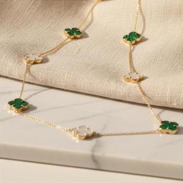 Imagem de Colar de Ouro 18k com 9 Trevos de Madrepérola e Malaquita Natural - Jo