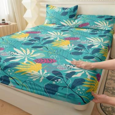 Imagem de Jogo de Lençol Listras Preto e Branco 3 Peças Percal Estampado Solteiro/Casal/Queen(Tropical Azul,SOLTEIRO 02 Peças)