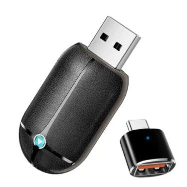 Imagem de Adaptador CarPlay sem fio, 2 em 1 CarPlay e Android Auto Dongle, adaptador WiFi de banda dupla de textura de couro, com conversor USB-C, para tablet de carro, Android, tela inteligente automática