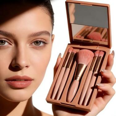 Imagem de Conjunto de 5 pincéis de maquiagem para viagem, kit de pincéis de maquiagem portátil com capa espelhada e tampa transparente para mulheres em movimento, rosa empoeirado