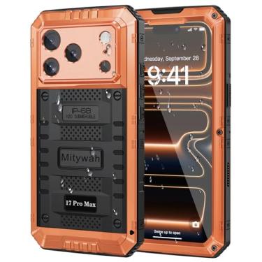Imagem de Mitywah Capa à prova d'água para iPhone 17 Pro Max, capa de metal resistente com protetor de tela integrado, capa protetora resistente à prova de choque de 6,9 polegadas, laranja