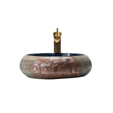 Imagem de Pia de banheiro de cerâmica engrossada estilo retrô arte redonda acima do balcão bancada moderna