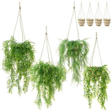 Imagem de Juinte Conjunto de 4 plantas falsas para pendurar com cesta de tecido, inclui 12 peças de videiras artificiais de hera falsas com folhas para varanda e pátio (estilo fresco, taboa com algodão)