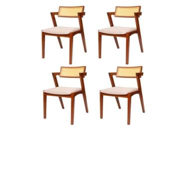 Imagem de Kit 4 Cadeiras de Jantar Estofada Madeira Maciça Com Telinha Rattan Natural Stter (Linho Cru)