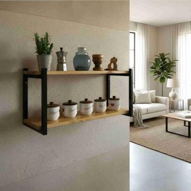 Imagem de Prateleira Industrial Suspensa Sala Cozinha feita Em Ferro E Madeira