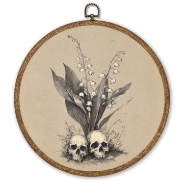 Imagem de WMSYUO Arte de parede redonda Ghost Café, 25 x 25 cm, Dark Academia Cottagecore Halloween, livraria aconchegante e arte de café para decoração de casa ou sala de leitura no outono (Grey-skull01)