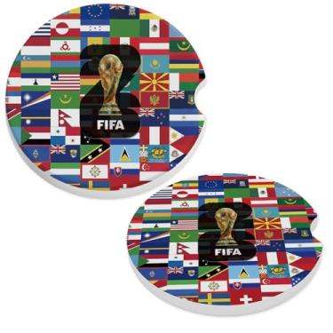Imagem de Copa do Mundo Porta-copos de carro 2026 Conjunto de 2 porta-copos de cerâmica para porta-copos de carro Copa do Mundo Bandeira Nacional Troféu Tema Absorvente Removível com Presente Ideal para Fãs de
