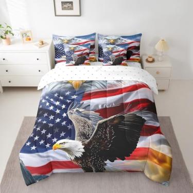 Imagem de jejeloiu Jogo de cama solteiro com estampa de águia, bandeira americana, militar, 7 peças, para crianças, meninos, meninas, com edredom, fronhas, lençol de cima, lençol com elástico e capa de almofada