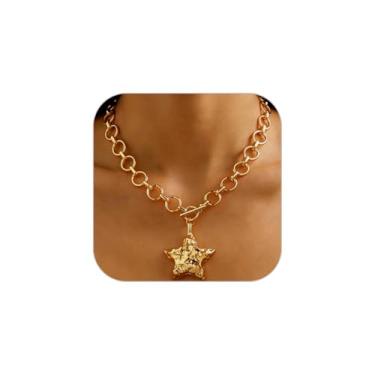 Imagem de INENIMARTJ Colar de ouro grosso para mulheres, ouro, estrela, lua, coração, cruz, corrente grossa, geometria, exagerada, colares delicados e grossos para mulheres, joias de ouro modernas, presentes