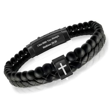 Imagem de Pulseira de couro trançada preta e marrom para homens, pulseiras cruzadas com letras Love You Forever presentes para filho marido namorado, pulseira masculina joia presente para batismo religioso