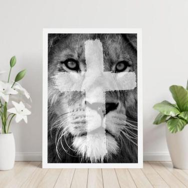 Imagem de Quadro Leão Cruz Tinta 45X34Cm - Com Vidro Moldura Branca
