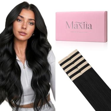 Imagem de MAXITA Extensões de cabelo humano com fita adesiva 1B preto natural 40,6 cm 25 g 10 peças pontas grossas Remy extensões de cabelo humano liso sem costura fita invisível em extensões de cabelo humano