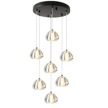Imagem de Upfelw Lustre de cristal moderno com pingente de gota de chuva com 7 luzes, lâmpada LED de bolha embutida para escada, luminária de sala de estar, preto