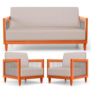 Imagem de Kit 02 Poltronas E 01 Sofá Samoa Madeira Maciça Com Cordas Náutica Linho Rústico Areia - Desk Design